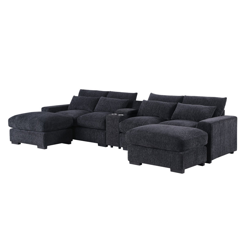 Modulaire à 4 places avec éléments inclinables, porte-gobelet intégré et abris pour espaces de vie modernes, flanelle gris foncé, sièges moelleux, deux assortis