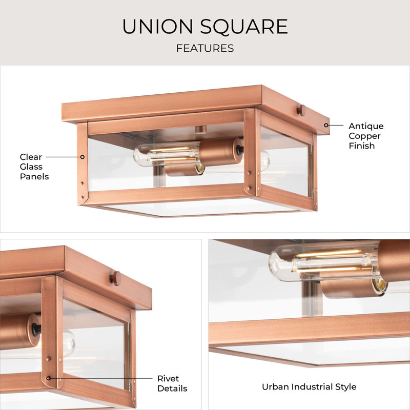 Union Square Antique Copper 2-Light Outdoor Flush Mount Light with Clear Glass
