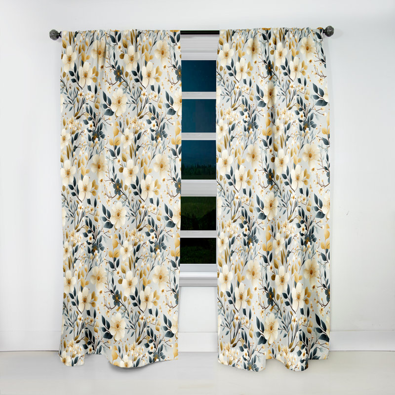 White And Beige Minimalist Floral Bedding I Blackout Single Curtain Panel, 52" W x 108" L