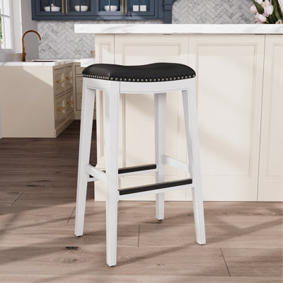 Tabouret 30 ", finition blanche, siège en cuir noir