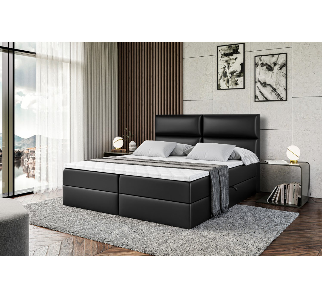 Boxspringbett Crosbie in Kunstlederoptik mit H4 Multipocket-Matratze, Bettkasten und Topper