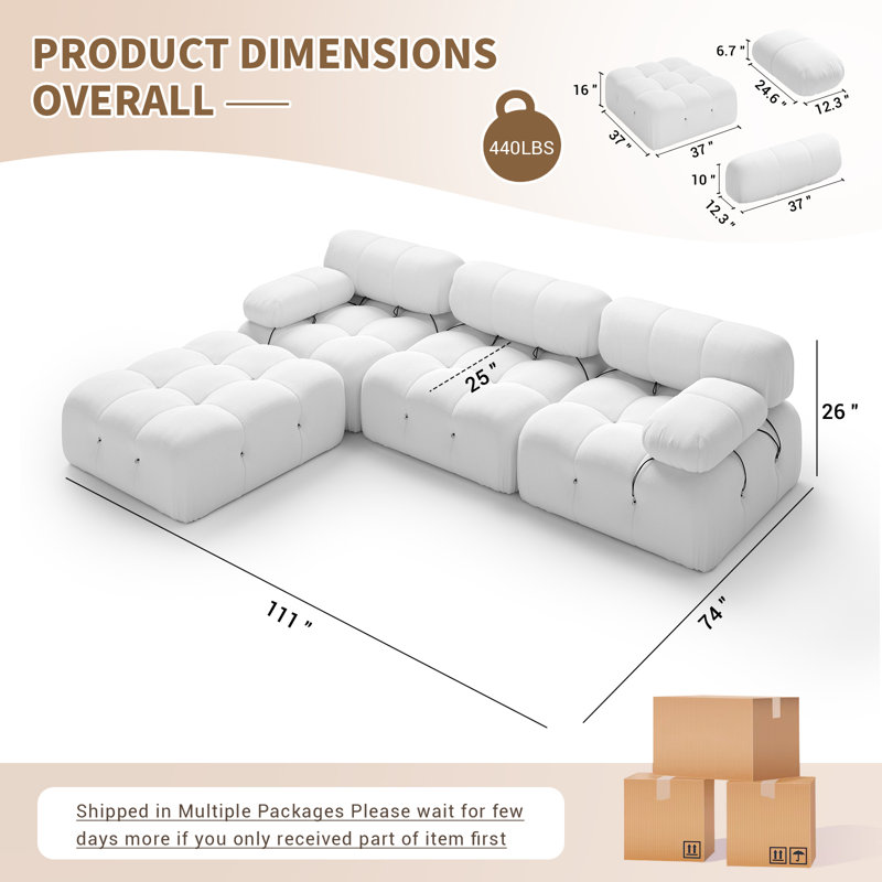 Kuelper 110'' Upholstered Sofa & Chaise, Modular Sectional Sofa Couch for Living Room Bedroom, White
