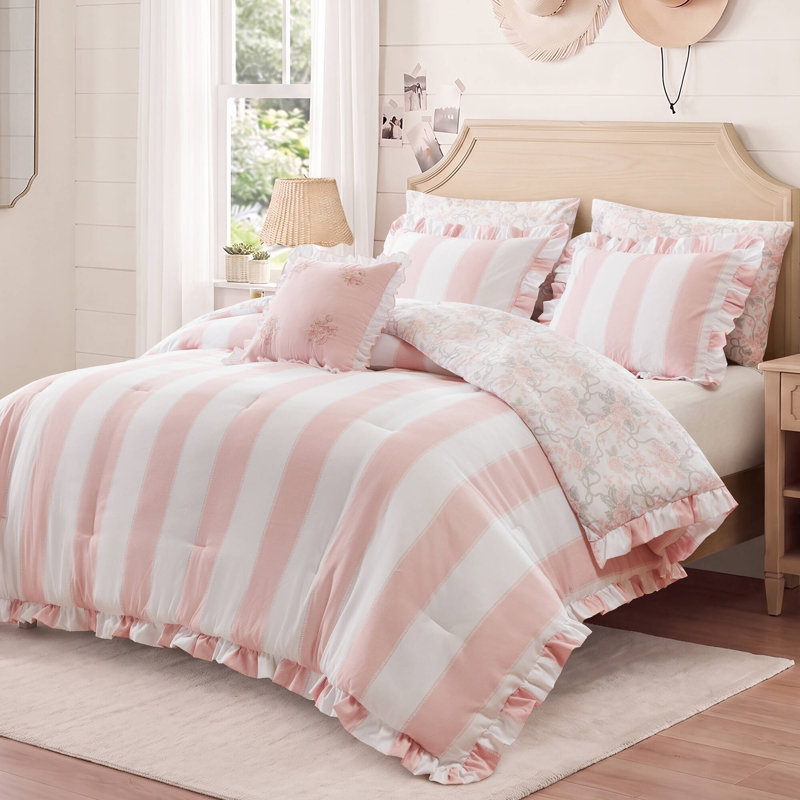 Ensemble de literie rose, couette en microfibre pour lit simple/simple XL, style romantique à volants