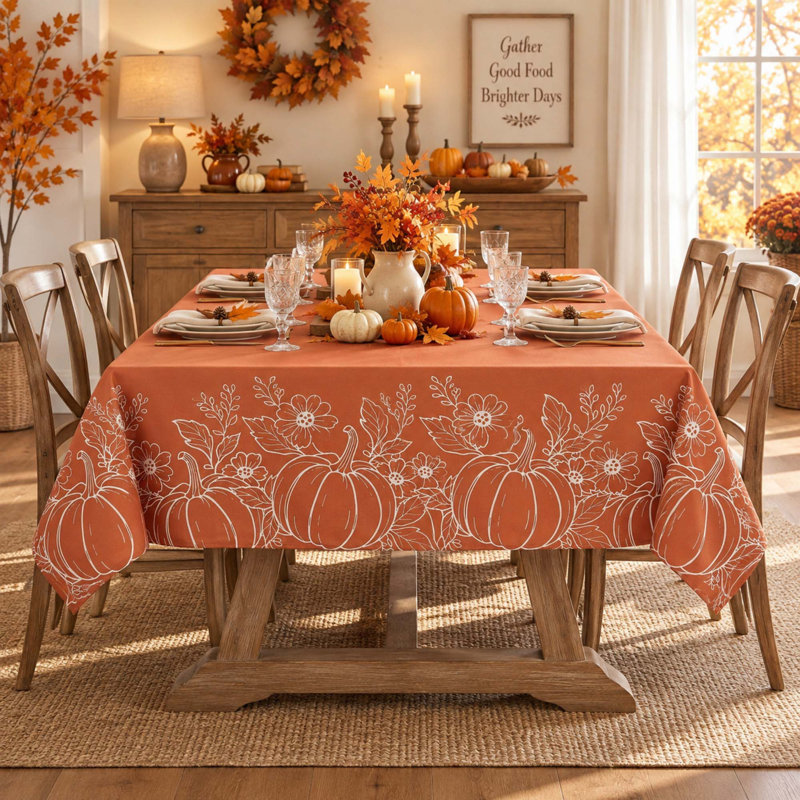 Nappe en faux lin d'automne 60 po x 104 po avec motif citrouille et feuille d'érable