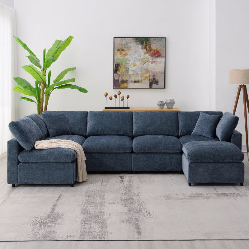 Sleeper, Modern  Modular Cloud Sofa Bed, 6 Seat Chenille Basic Sectional Sofa Sofa Set With Ottoman,Free Combination,Convertible U Shaped  Sofa