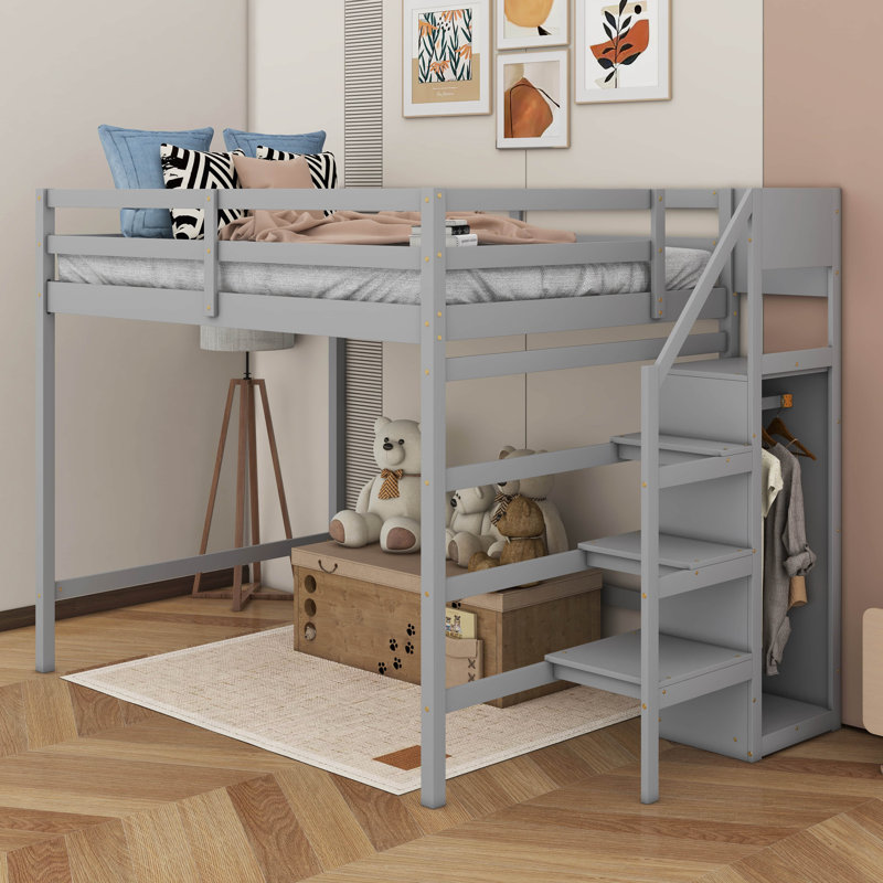 Lit mezzanine double avec armoire de rangement et escalier Jaelina, gris