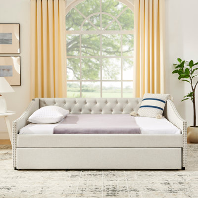 Full Size Daybed with USB Charging & Twin Size Pull-out Extendable Bed, with Button on Back and Copper Nail on Waved Shape Arms