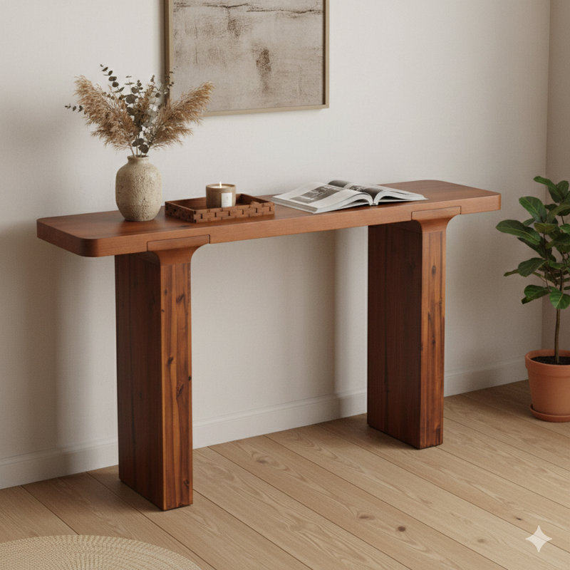 60-Inch Farmhouse Entry Table With Expansive Worksurface, Minimalist Sofa Table In Acacia Veneer, Elegant Console With Robust Square Legs, For Hall, Living Area, And Foyer