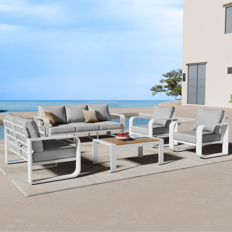 5PCS Outdoor Conversation Set, 5 Pcs: Table, Loveseat, Sofa, 2 Armchairs, Light Gray Cushion/White Frame