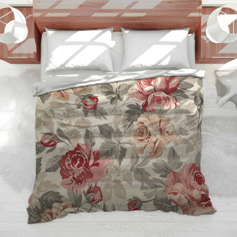 Red Floral Botanical Cotton Blend Comforter, King Comforter