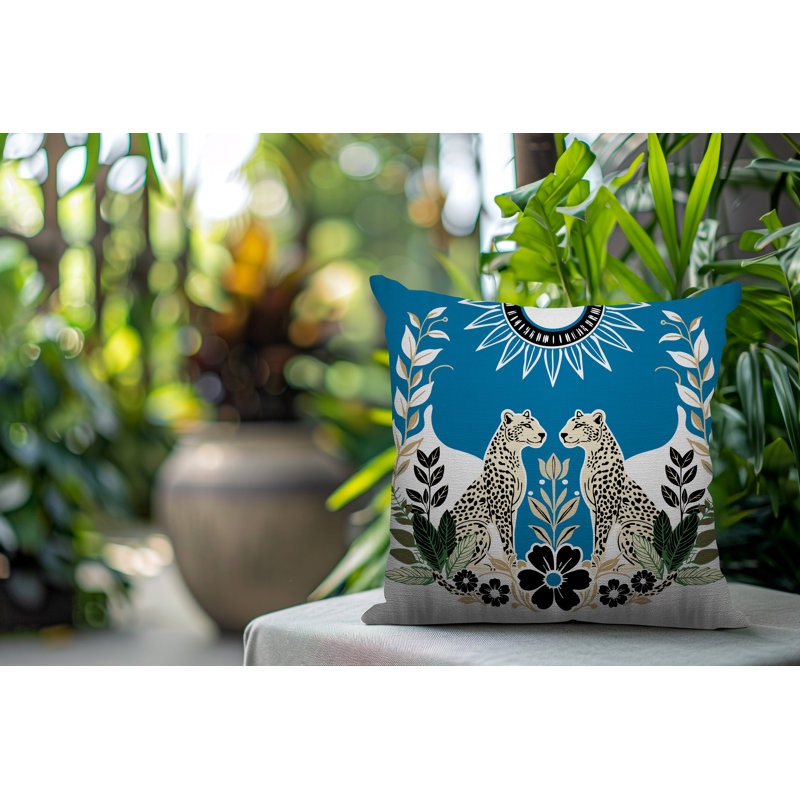 Oreiller carré réversible intérieur / extérieur Spoke Leopard, Carré 16 po, Turquoise