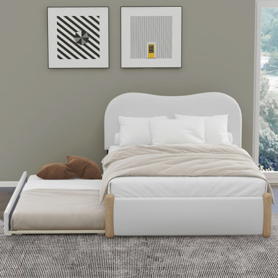 Lit plateforme double rembourré pleine grandeur avec pieds de support en bois et lit gigogne simple