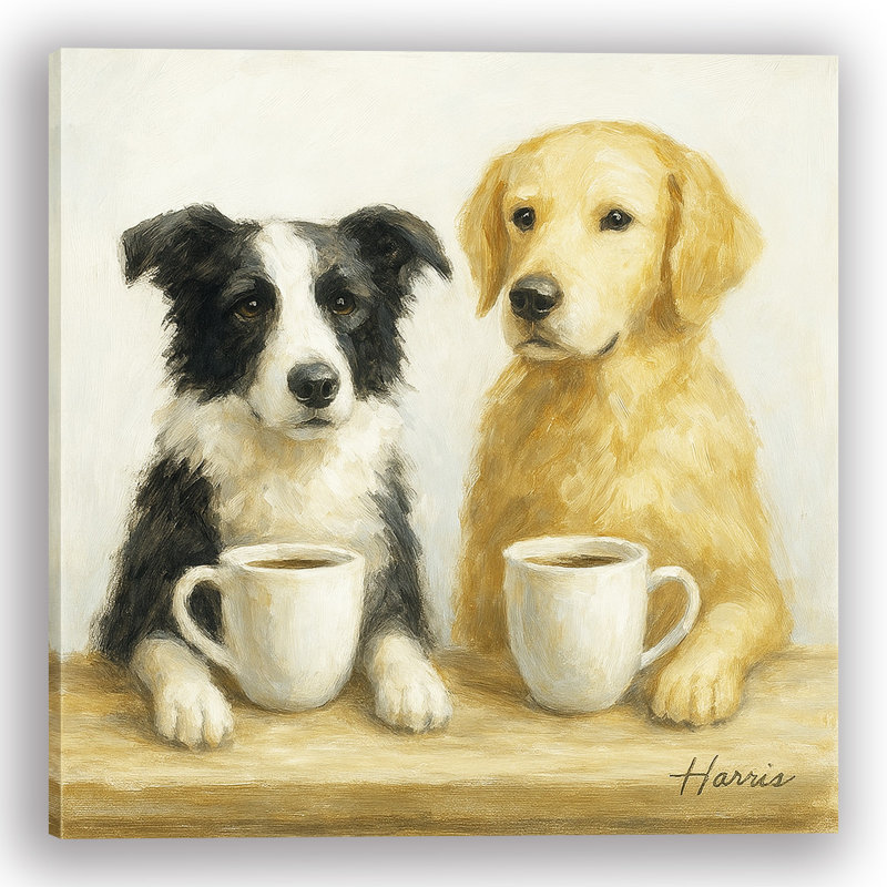 «Brew Buddies» - Chiens avec tasses à café, art mural sur toile, H 40 po x l 40 po