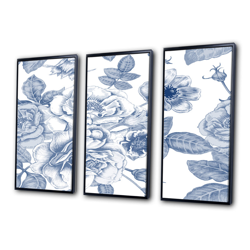 " White Vintage Flowers On Classic Blue II " 3 - Pieces, Black, 28" H x 36" W