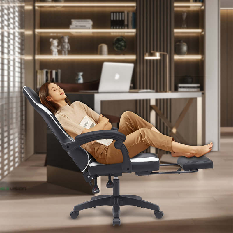 Radelldar Adjustable Reclining Ergonomic Faux Leather Swiveling PC & Racing Game Chair with Footrest, Black/White