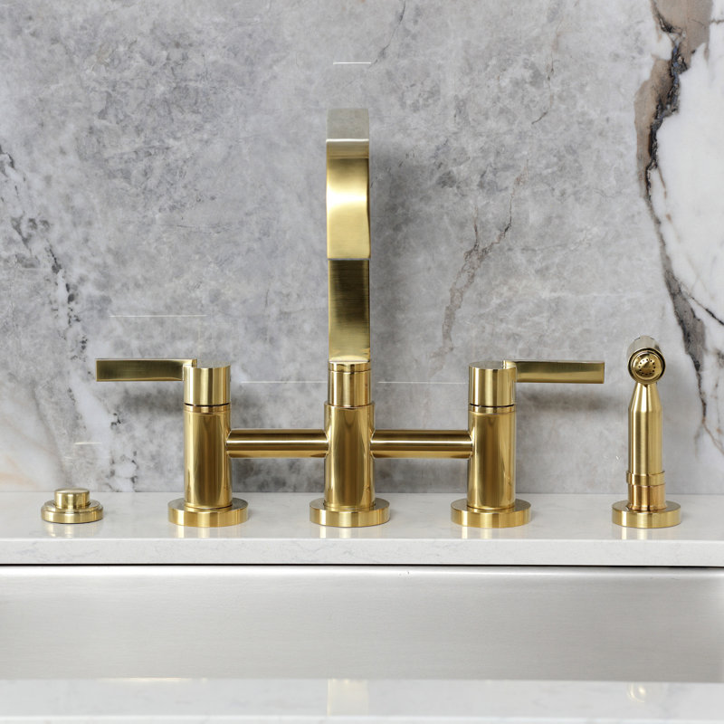 Kingston Brass Continental Two-Handle 4-Hole Deck Mount Bridge Kitchen Faucet with Brass Side Sprayer, Brushed Brass