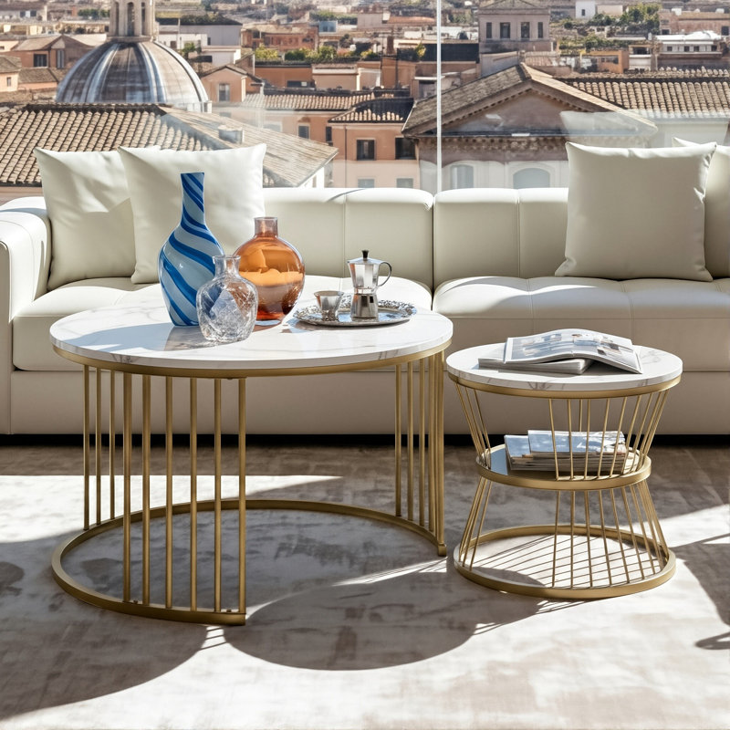 70Cm Nesting Coffee Tables (Set Of 2), Glam Round Tables With Top & Gold Cage Frame, White