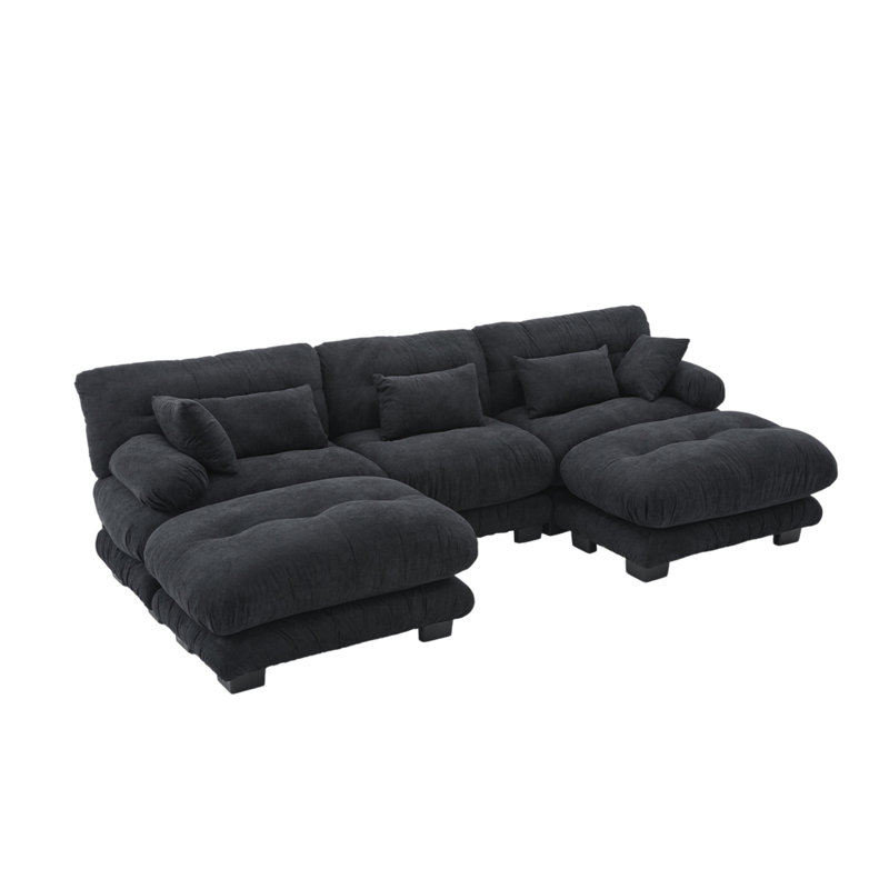 UNITED WE WIN Pelletized Velvet  U Shape Cloud Couch With 2 Ottomans,Free Combined 3 Seater Comfy Sofa With Bolster Armrest Pillows, Sofa For Living Room