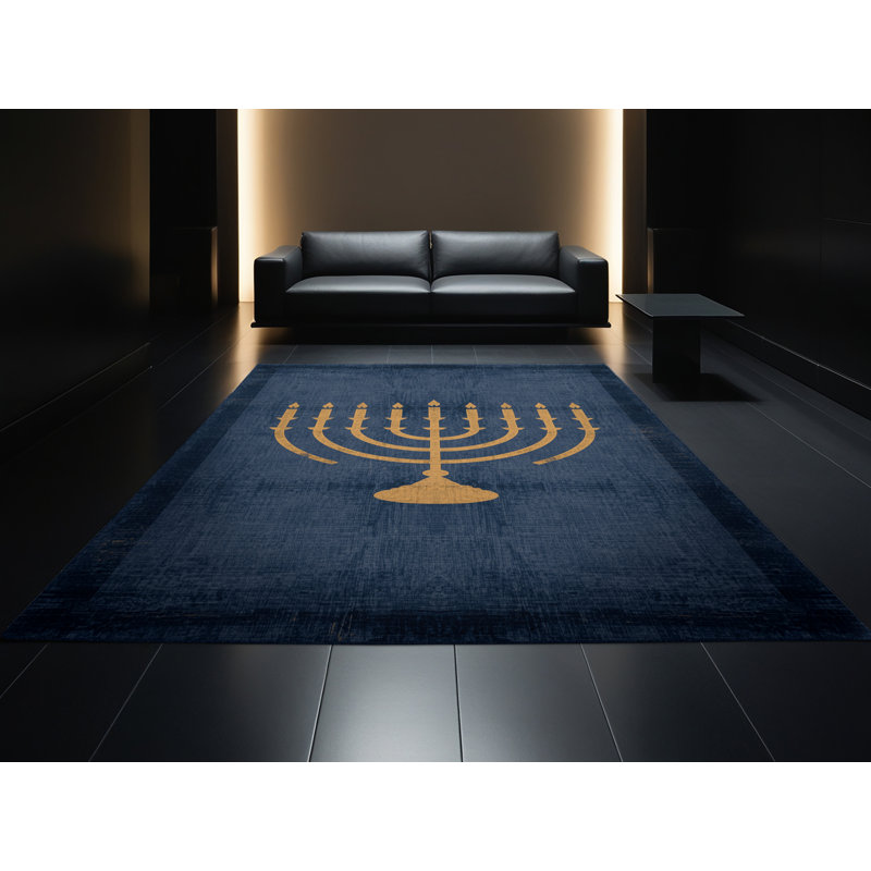 Soft Plush Filkins Hanukkah Modern & Contemporary Abstract Area Rug in Gray – Navy Binding, 4x6