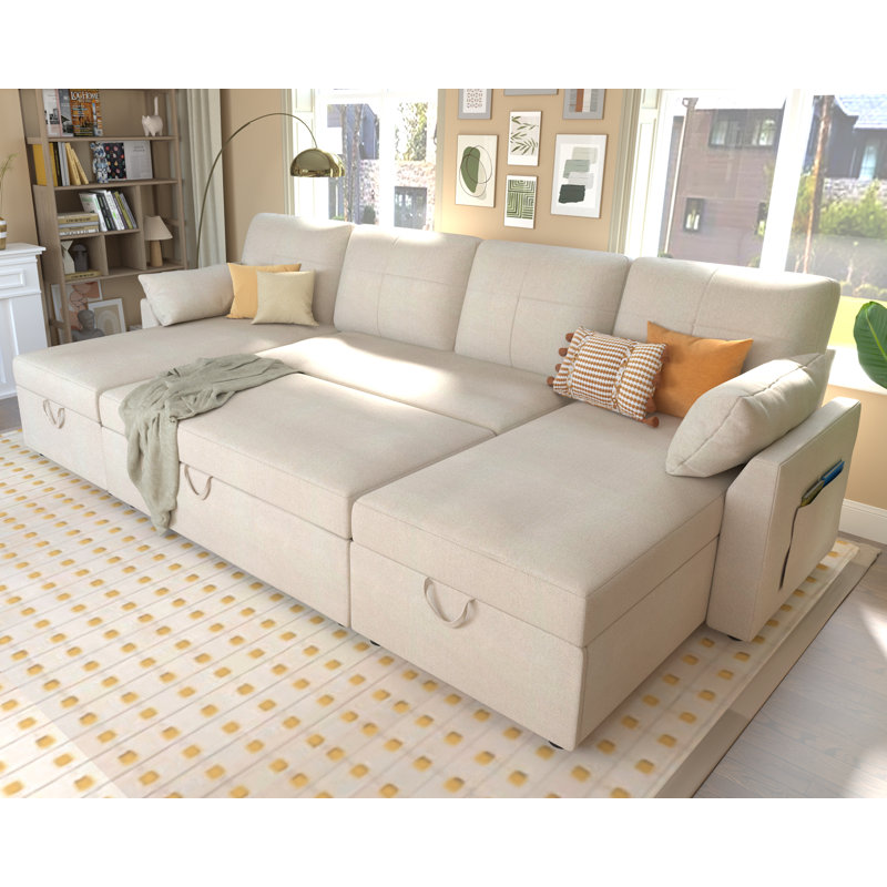 110-Inch Beige Chenille Sectional Sleeper Sofa with Storage Chaise