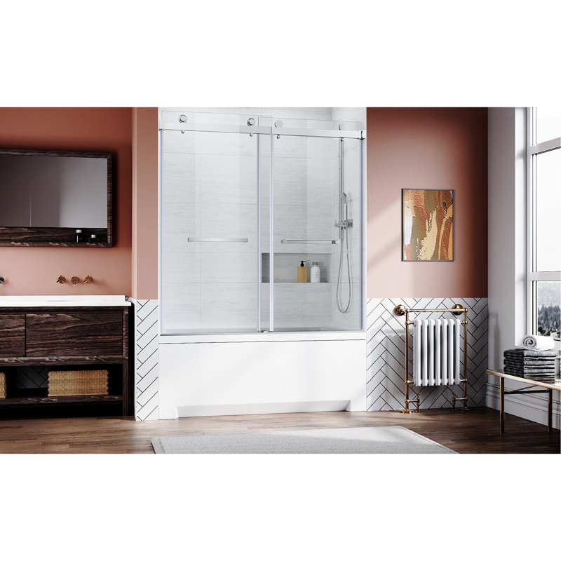 Frameless Sliding Bathtub Door 56-60 In.W X 62 In.H,Bypass Tub Glass Sliding Shower Doors,3/8"(10Mm) Thick Clear Tempered Glass,Heavy Duty Stainless Steel Hardwares,2Pcs Rectangle Handles,Brushed Nick