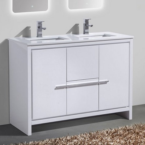 Ensemble de meuble-lavabo double 48 po Meraris, Blanc très luisant