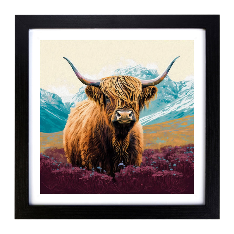 Highland Cow Color Field Painting - Single Picture Frame Print on Wood, Black