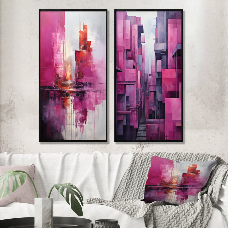Fuchsia façades gratte-ciel horizon - ensemble de 2 impressions sur toile gratte-ciel, Cadre noir, H 40 po x l 41 po