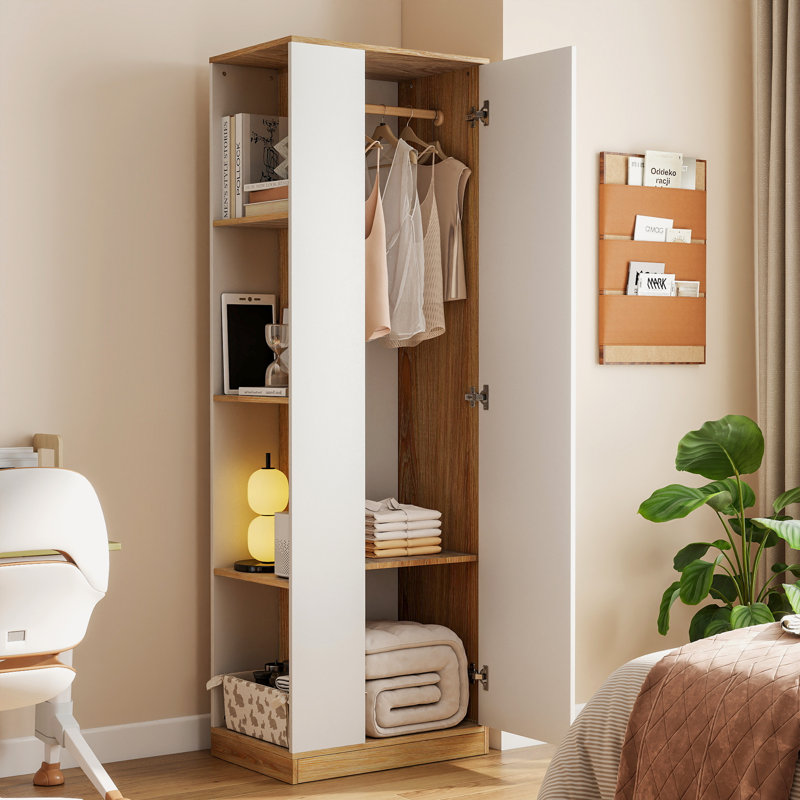 Garde-robe 1 porte avec tringle et 5 rangements, Naturel