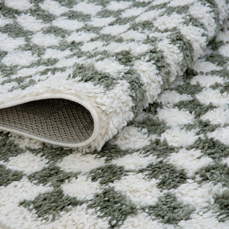 Moodi Modern Shaggy Area Rug Checkered Design, Round 120 cm, Off-White/Green