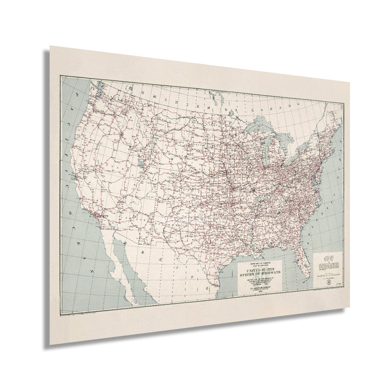 1950 1950, carte des autoroutes des États-Unis sur papier, H 24 po x l 36 po