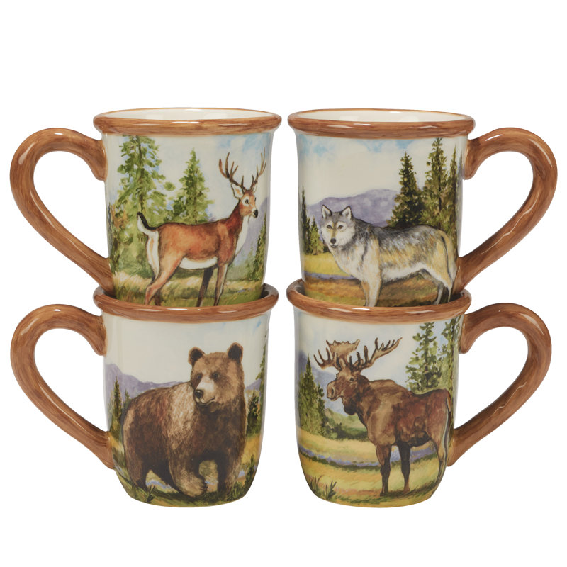 Rustic Wildlife Ceramic Mugs Set with Hand Painted Woodgrain Rims