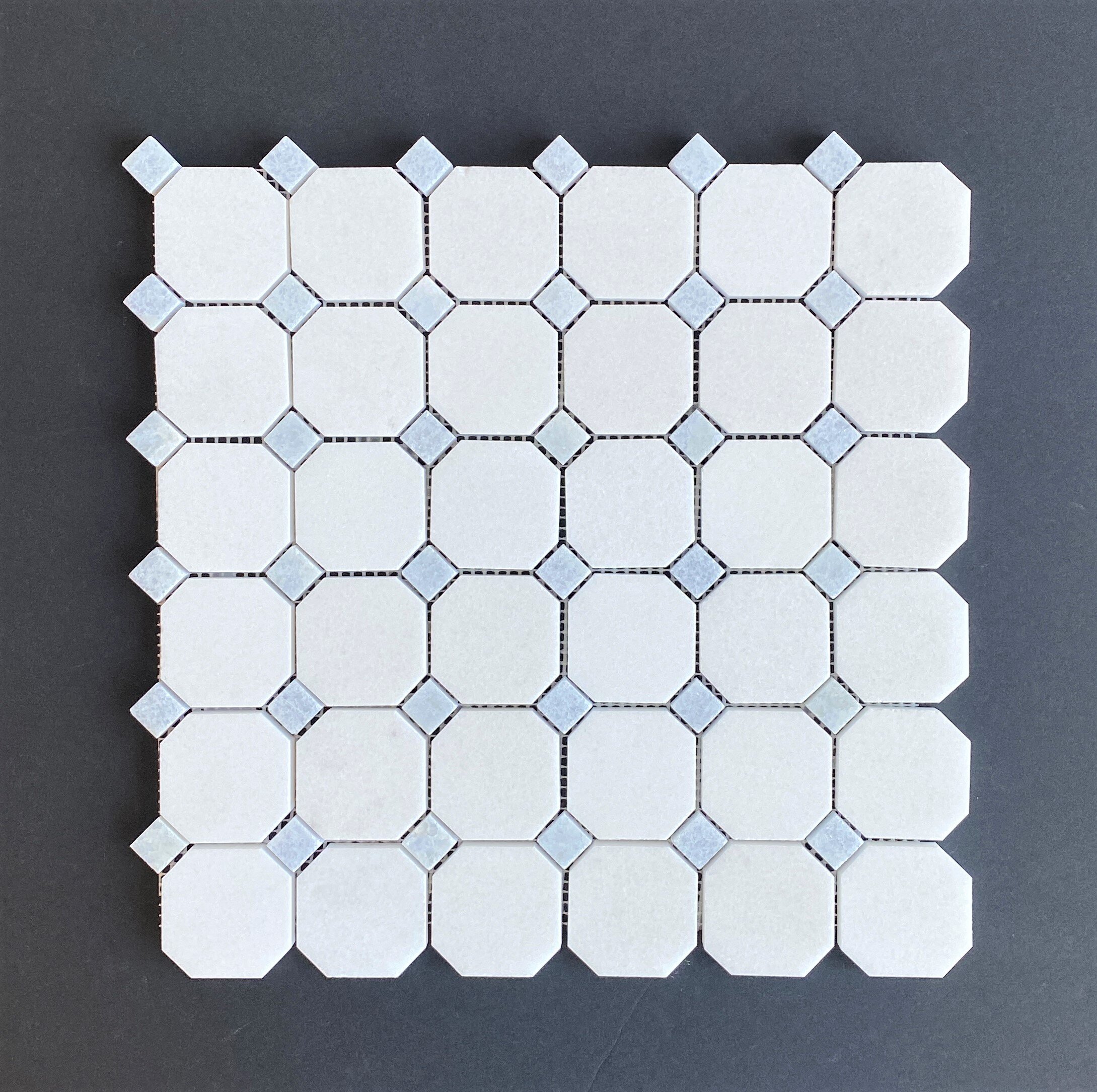 Blue Celeste Basketweave Mosaic w/Thassos Dot Polished - Decorative  Materials
