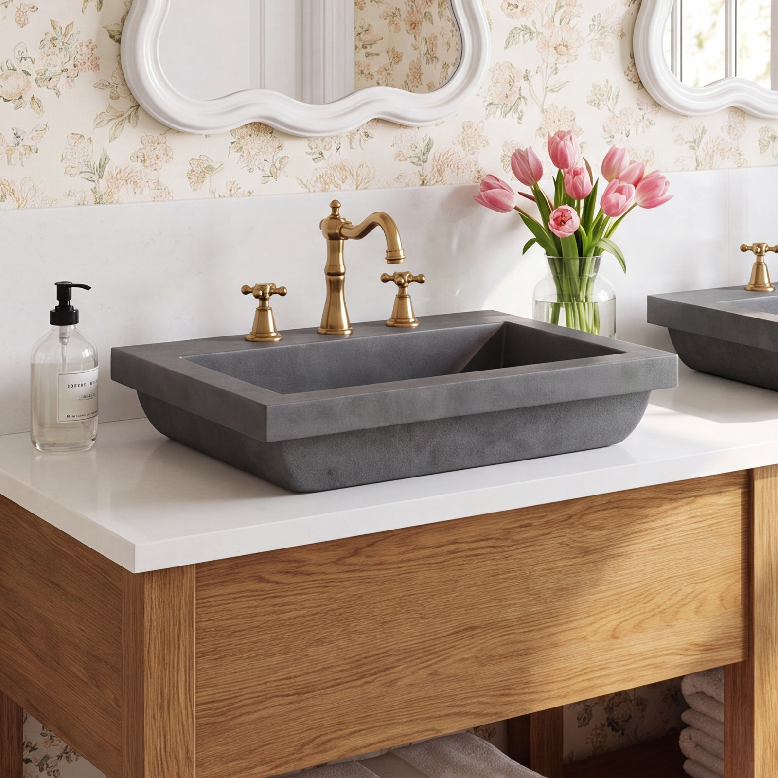 Trough Handmade Rectangular Drop-In Bathroom Sink, Slate, Single Faucet Hole