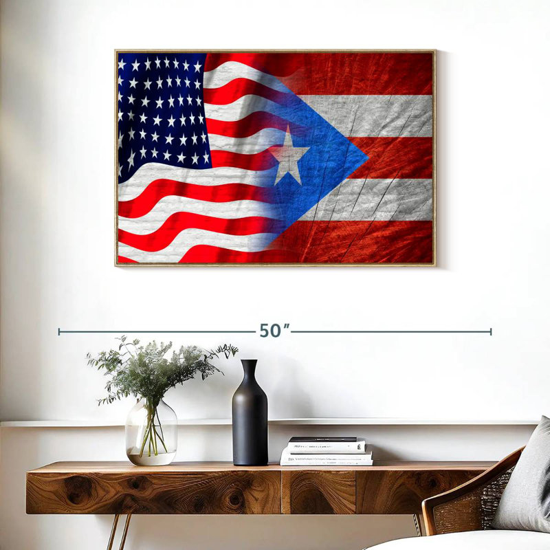 Drapeau de Porto Rico et des États-Unis, Cadre flottant en bois naturel, 37 po x 25 po