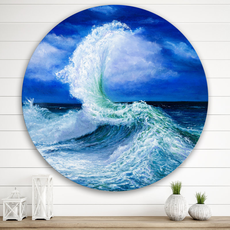 Vagues se brisant pendant la marée de l'océan sauvage - art mural nautique et côtier en cercle, H 36 po x l 36 po x P 1 po