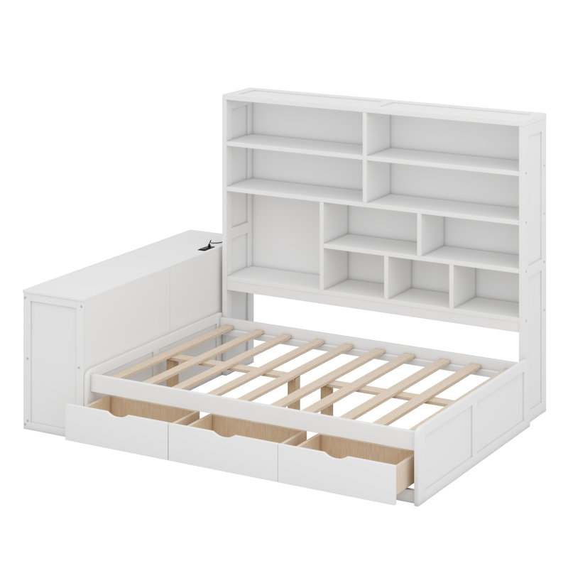 Lit de jour en bois avec trois tiroirs, bureau, tablettes et lumières, Blanc