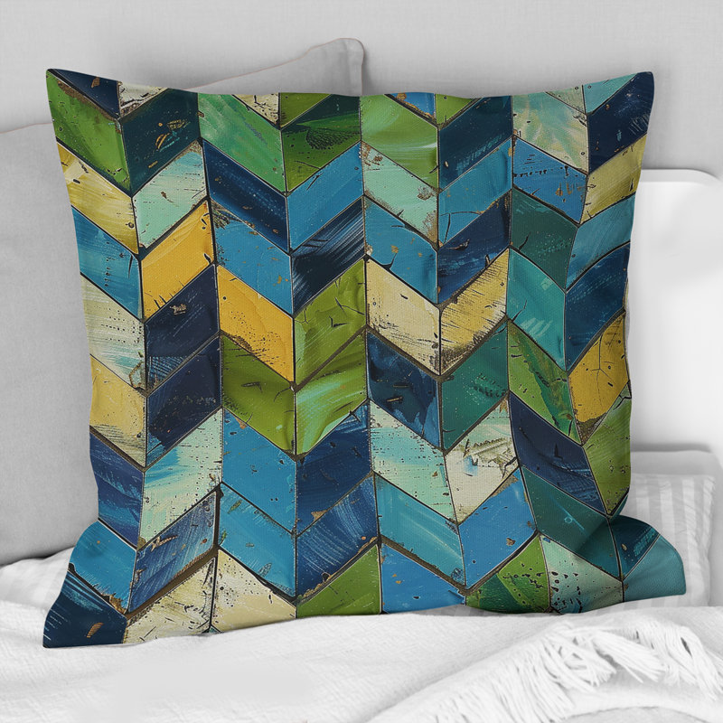 Coussin décoratif bleu à motif de chevrons bleu et vert III, 18" x 18"
