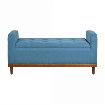 FlowLuxe Mid-Century Modern Dusty Blue Upholstered Tufted Lift Top Storage Bench, Solid Wood Walnut Finish