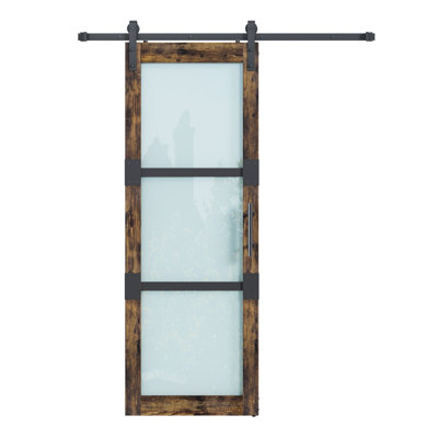 Porte de grange coulissante à panneaux en bois manufacturé et en verre 3 Lite avec quincaillerie d'installation