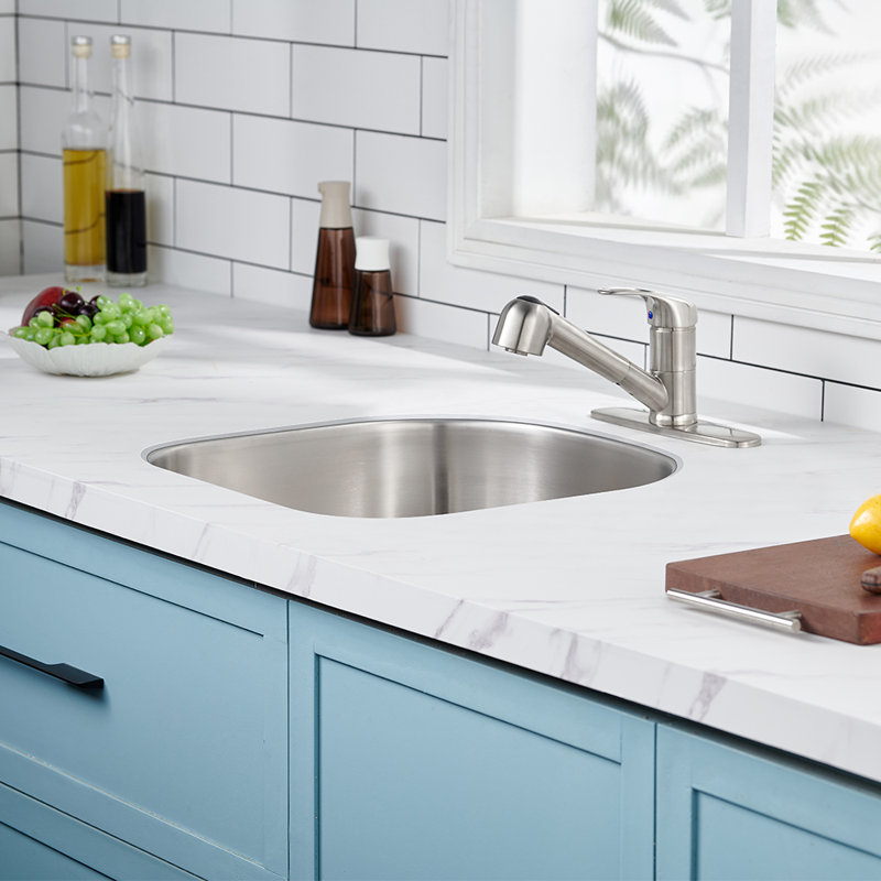 D Shape Undermount Stainless Steel Single Bowl Kitchen Sink, 9" H x 20" W x 21" D