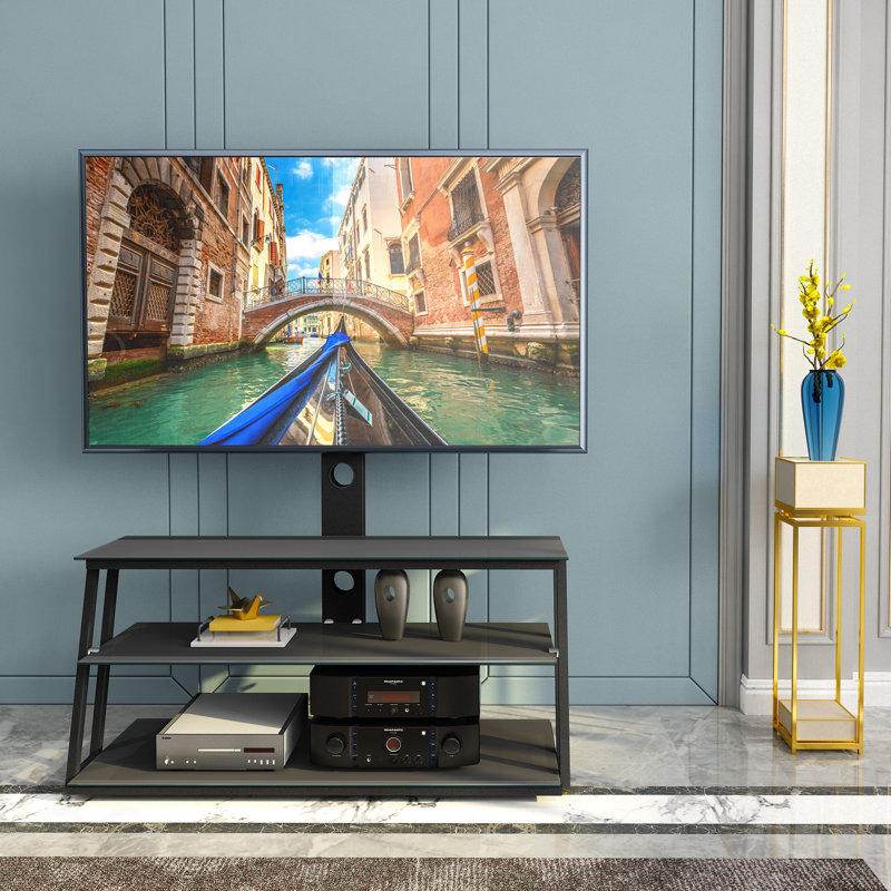 Meuble télé multifonctionnel en verre trempé à angle et hauteur ajustables