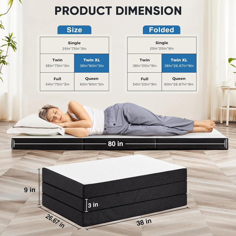 Tri-Fold Memory Foam Mattress - Portable Floor Bed, Foldable Mat For Adults, Collapsible And Washable Cover With Certipur-US Certified, For Travel & Camping & Yoga