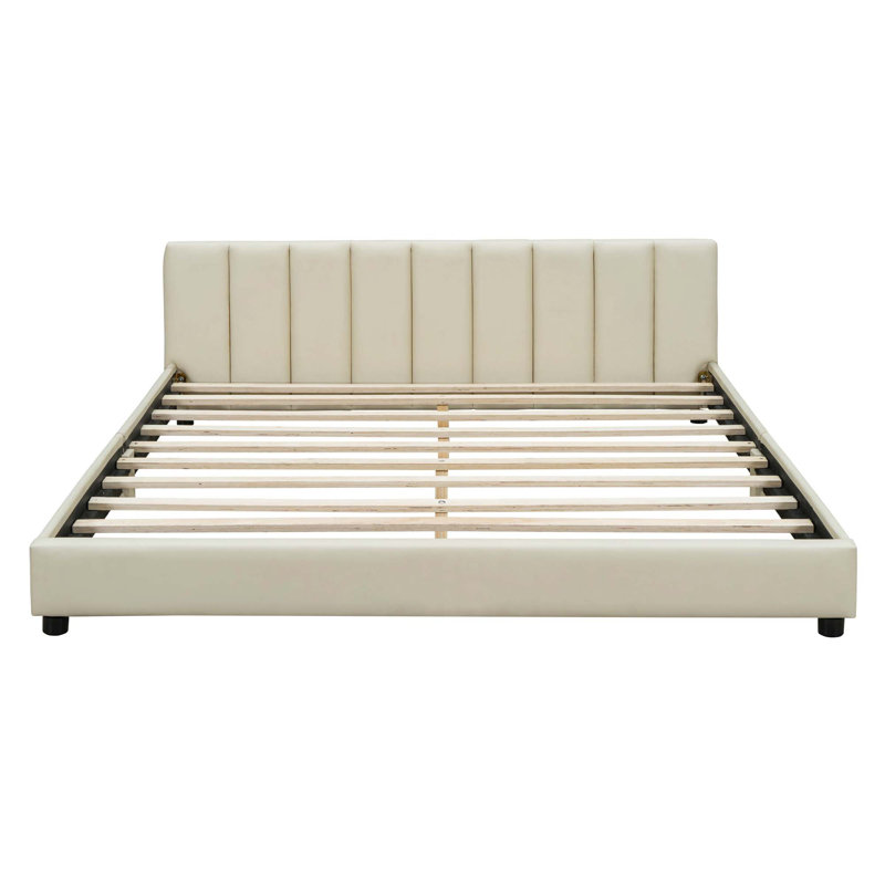 Grand lit plateforme tapissier, lit mère et enfant, similicuir, Beige