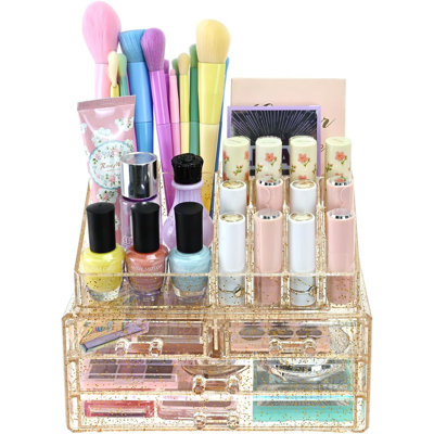 Organisateur de maquillage en acrylique à paillettes dorées avec 4 tiroirs