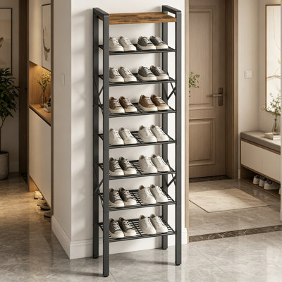 Étagère à chaussures étroite à 8 niveaux pour 8 à 16 paires, grand range-chaussures mince avec plateau en bois et structure en métal, peu encombrant pour l'entrée, couloir, brun rustique noir