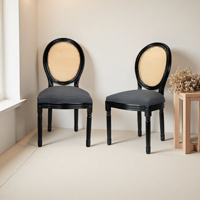 Ensemble de 2 chaises rembourrées avec dossier rond en rotin Durable Cozy French Country, pour le salon, la cuisine, le restaurant, la structure en bois massif, le tissu