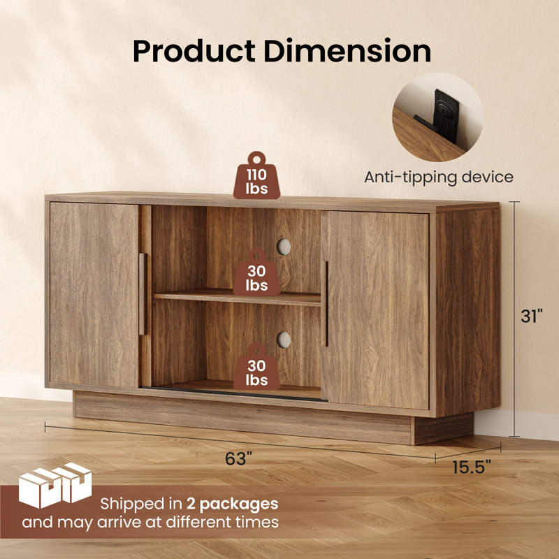63'' Sideboard Buffet Cabinet With 4 Sliding Doors, Brown
