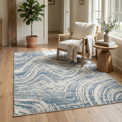 Tapis intérieur / abstrait bleu / beige 8 pi x 11 pi (7 pi 10 po x 10 pi 10 po) Branch Branch Nagisa, tapis moderne, à poils moyens et résistant aux taches
