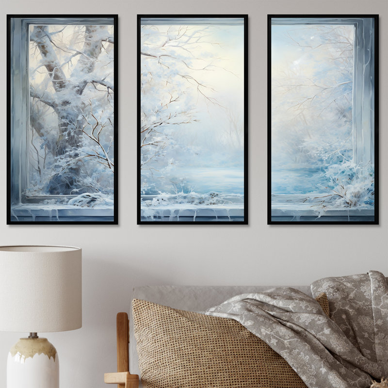 Winter River Window View IV - Winter Landscape, art mural, H 28 po x l 36 po x P 1 po, Cadre flottant noir